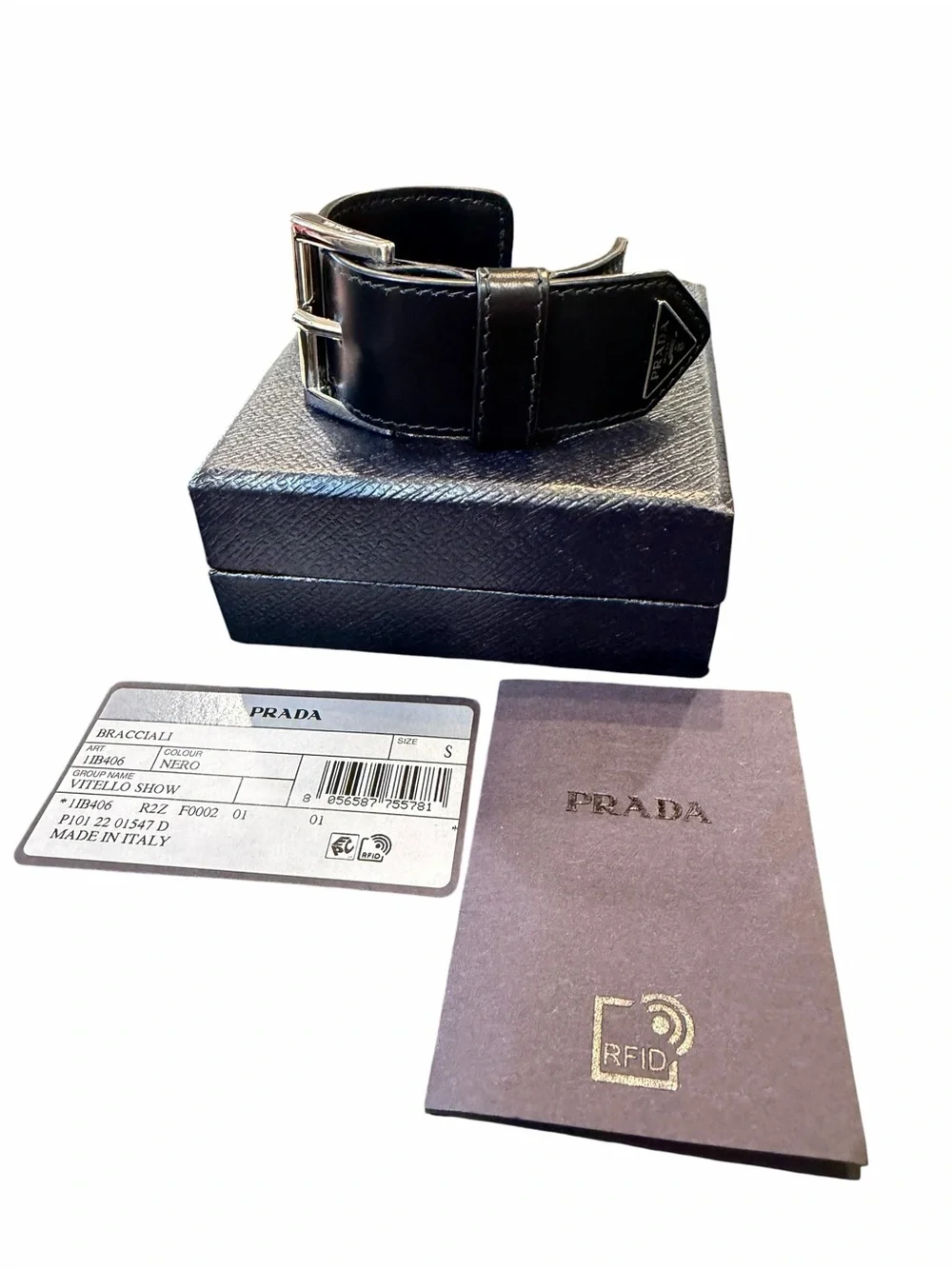 Prada Black Leather Bracelet with Silver-Tone Buckle